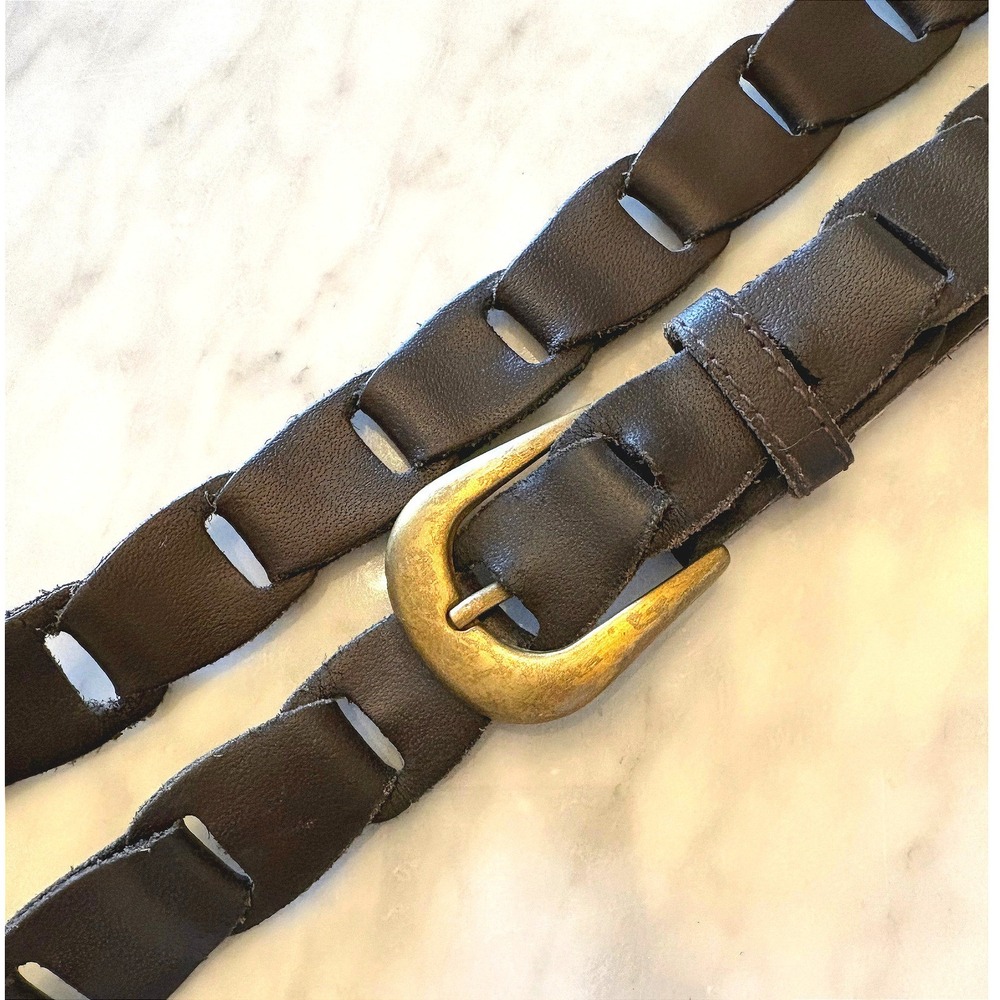 Vintage Woven Leather Belt Guatemala Brown Brass Buckle Boho Western ML 42in